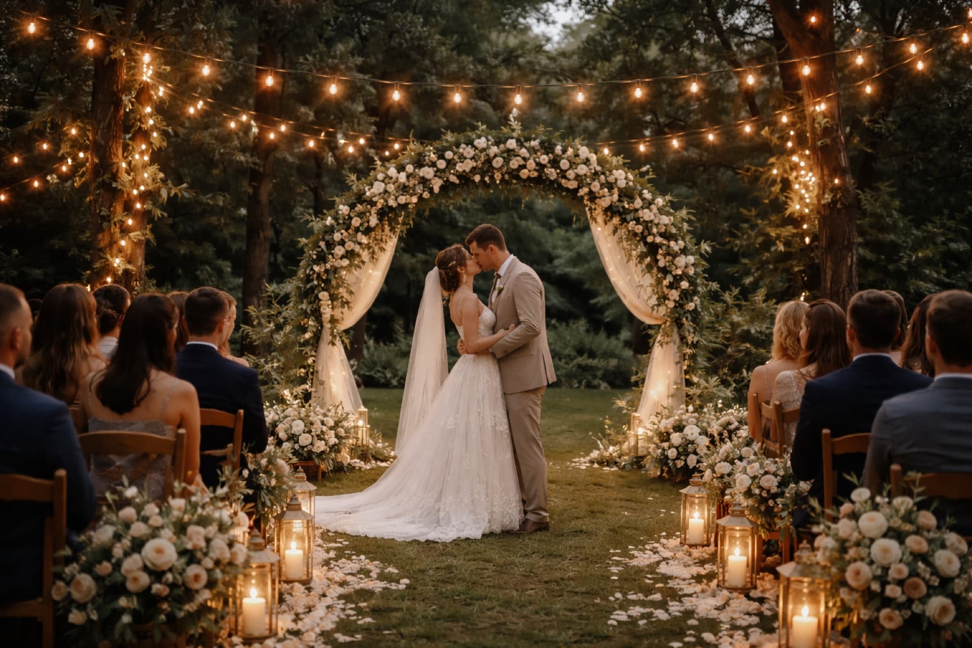 Outdoor wedding ceremony with string lights and floral arch in Huntsville Alabama